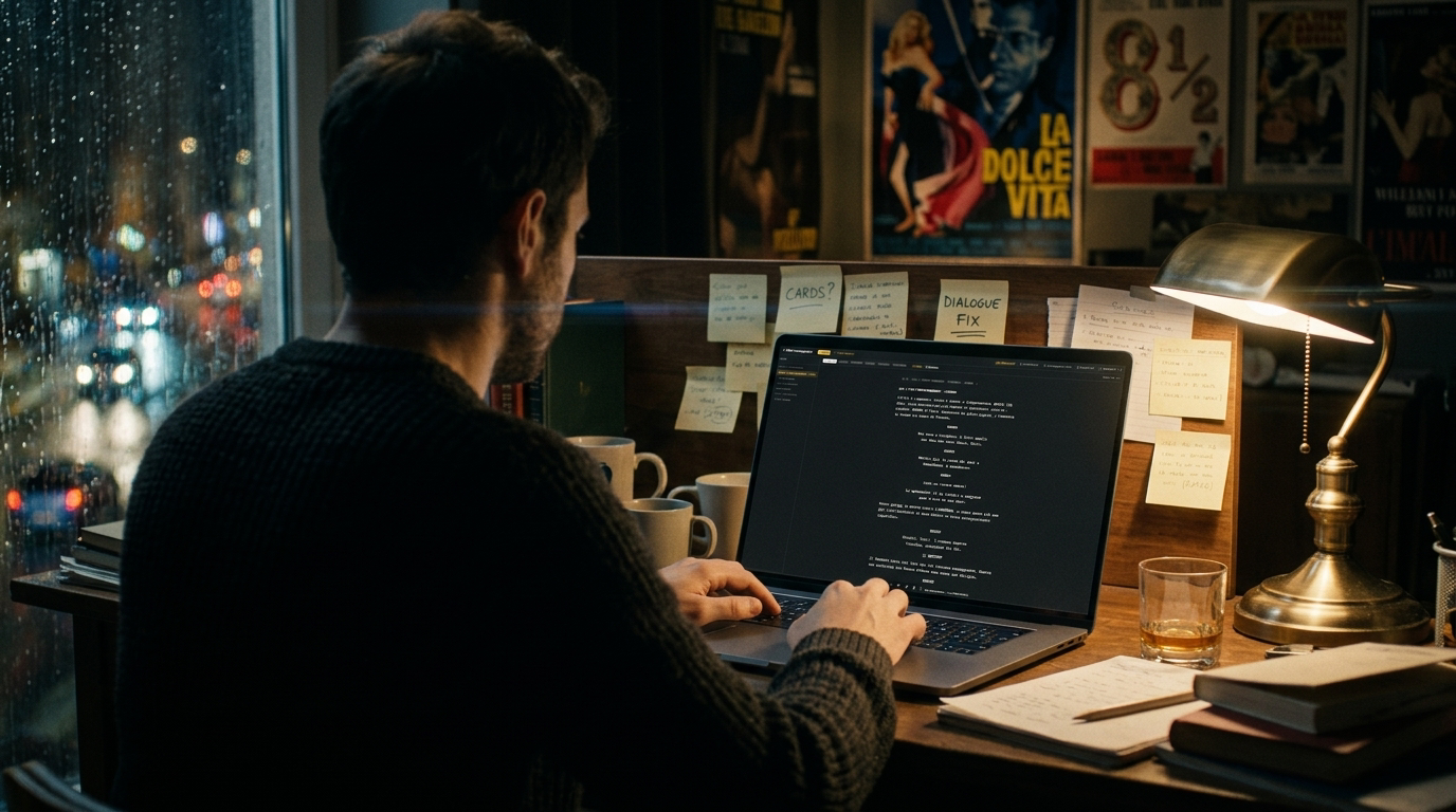 Sceneggiatore al lavoro davanti al laptop tra locandine cinematografiche