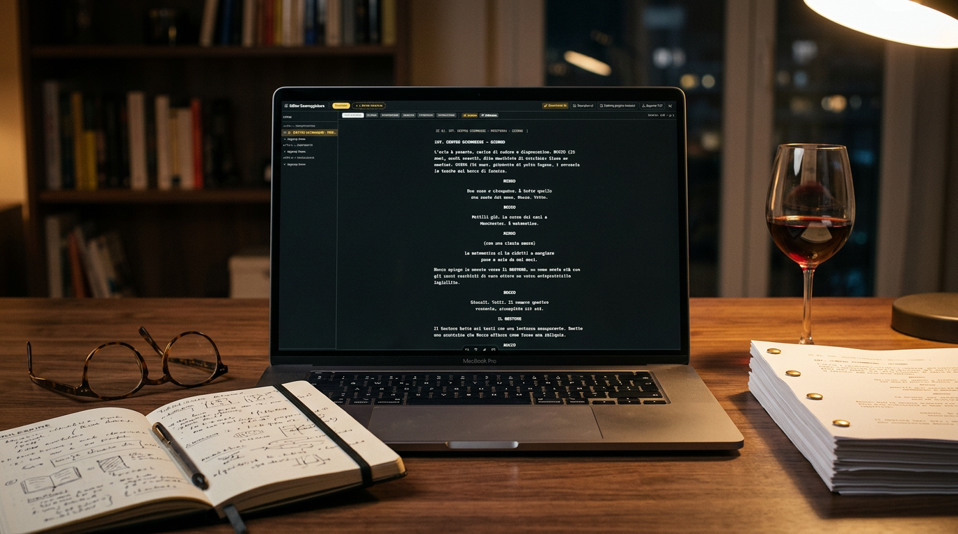 Editor di sceneggiatura Omerox aperto su un MacBook, scrivania di scrittura notturna