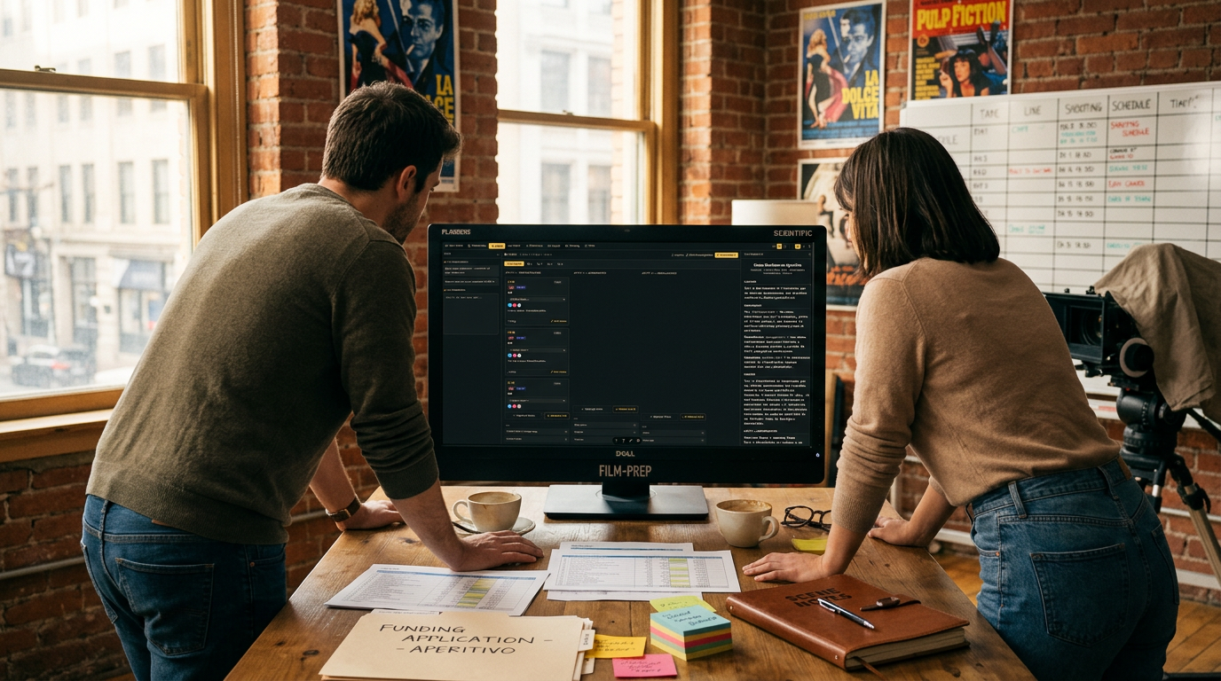 Ufficio di produzione con whiteboard e schermate dell'app Omerox