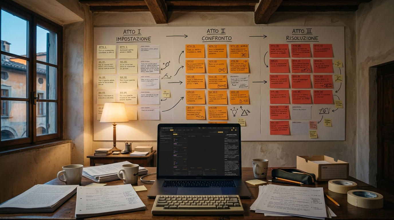 Whiteboard con la struttura in tre atti e post-it colorati